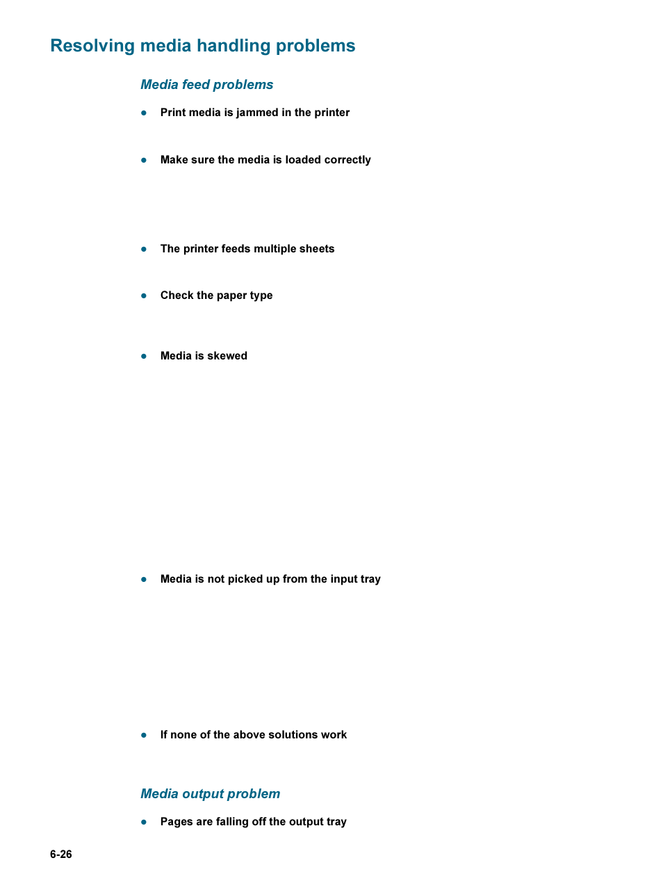 Resolving media handling problems, Media feed problems, Media output problem | Resolving media handling problems -26, Media feed problems -26 media output problem -26 | HP 9600 Series User Manual | Page 101 / 123