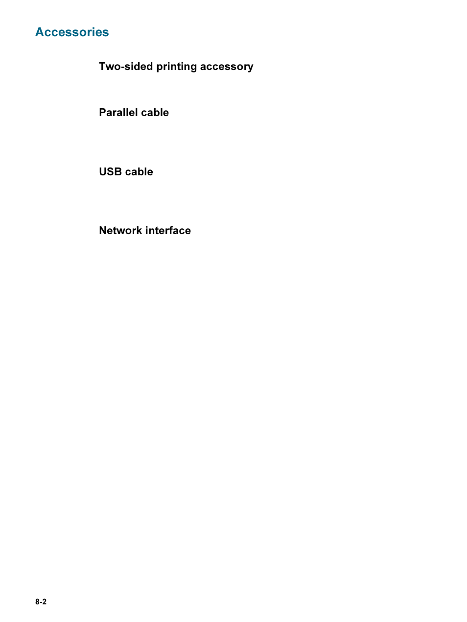 Accessories, Accessories -2, Two-sided printing accessory | Parallel cable, Usb cable, Network interface | HP 9600 Series User Manual | Page 109 / 123