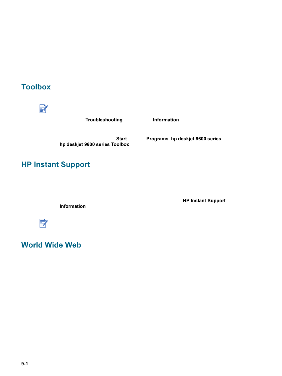 Customer support, Toolbox, Hp instant support | World wide web, Toolbox -1 hp instant support -1 world wide web -1 | HP 9600 Series User Manual | Page 113 / 123