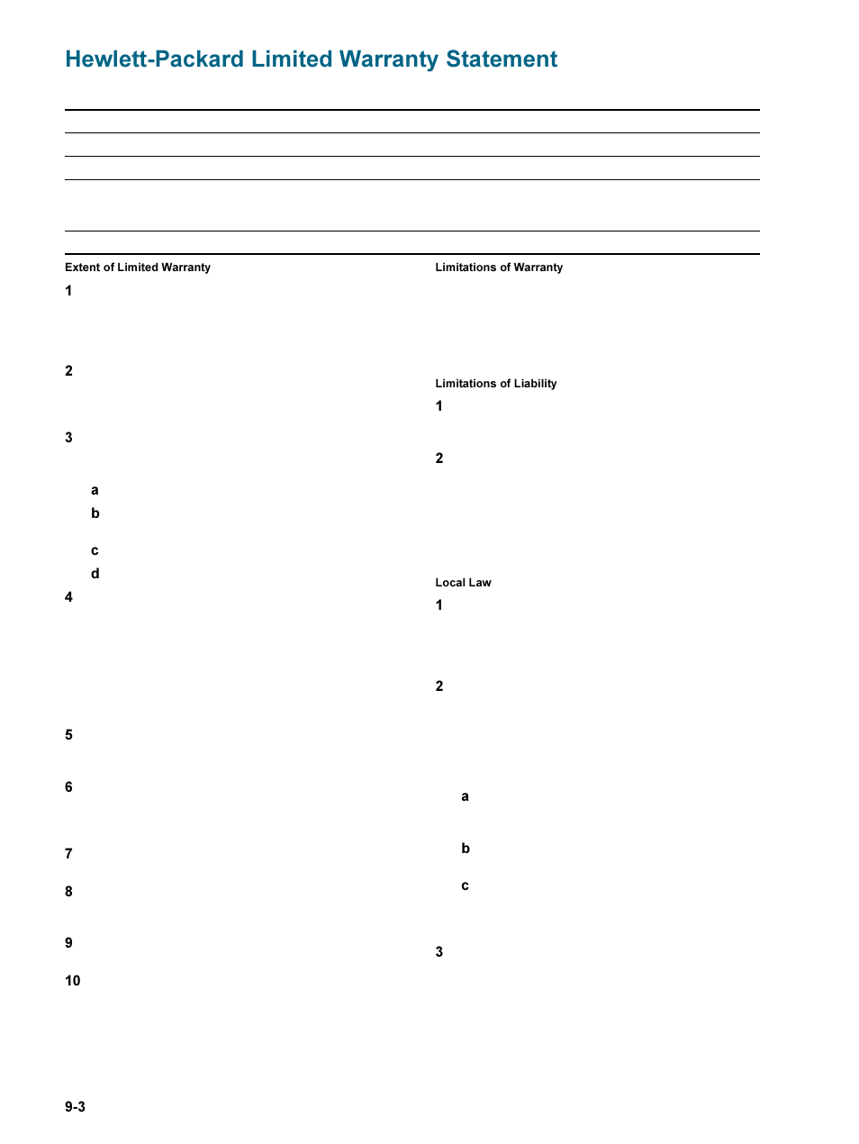 Hewlett-packard limited warranty statement, Hewlett-packard limited warranty statement -3 | HP 9600 Series User Manual | Page 115 / 123