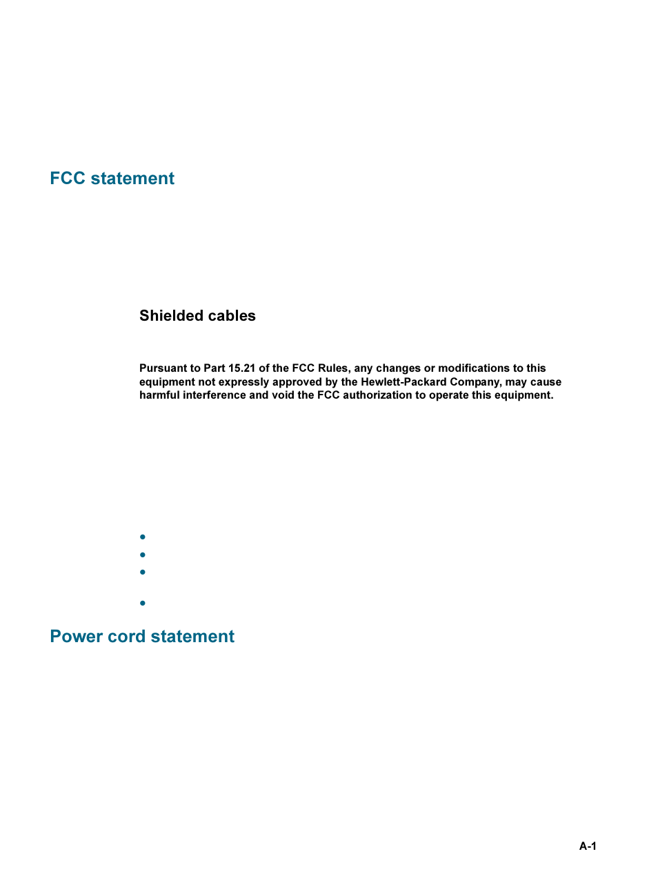 Regulatory information, Fcc statement, Power cord statement | HP 9600 Series User Manual | Page 118 / 123