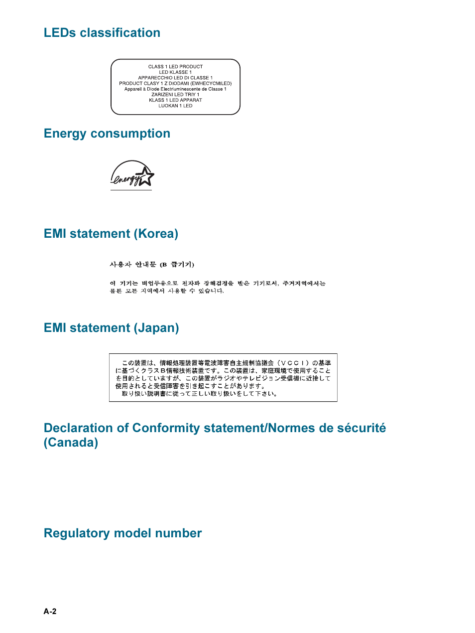 Leds classification, Energy consumption, Emi statement (korea) | Emi statement (japan), Regulatory model number, Leds classification energy consumption | HP 9600 Series User Manual | Page 119 / 123