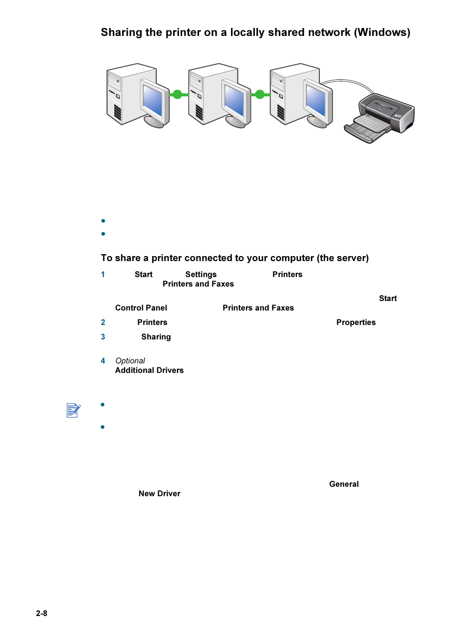 Sharing the printer on a locally shared, Network (windows) | HP 9600 Series User Manual | Page 17 / 123