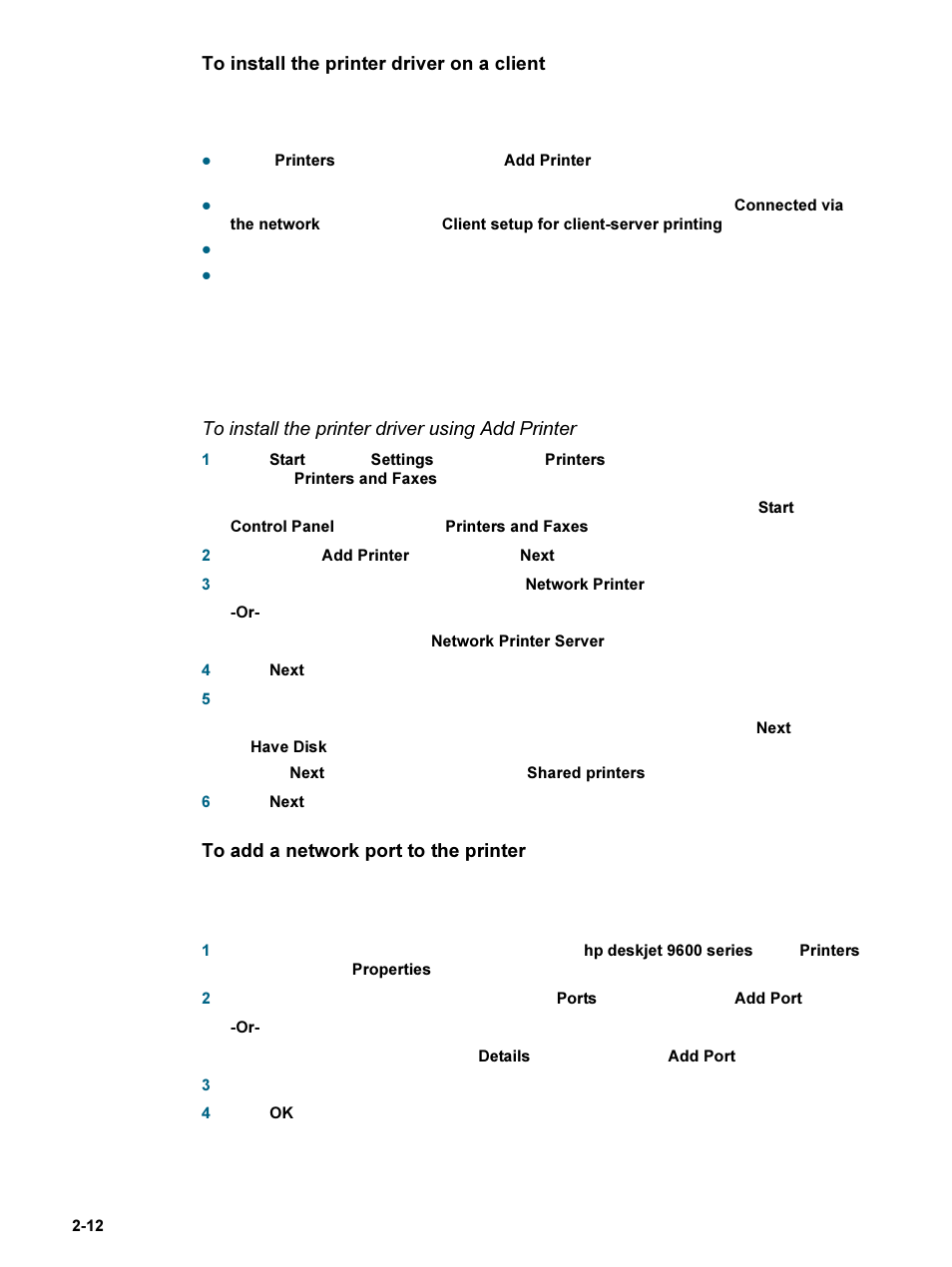 To install the printer driver on a client, To add a network port to the printer | HP 9600 Series User Manual | Page 21 / 123