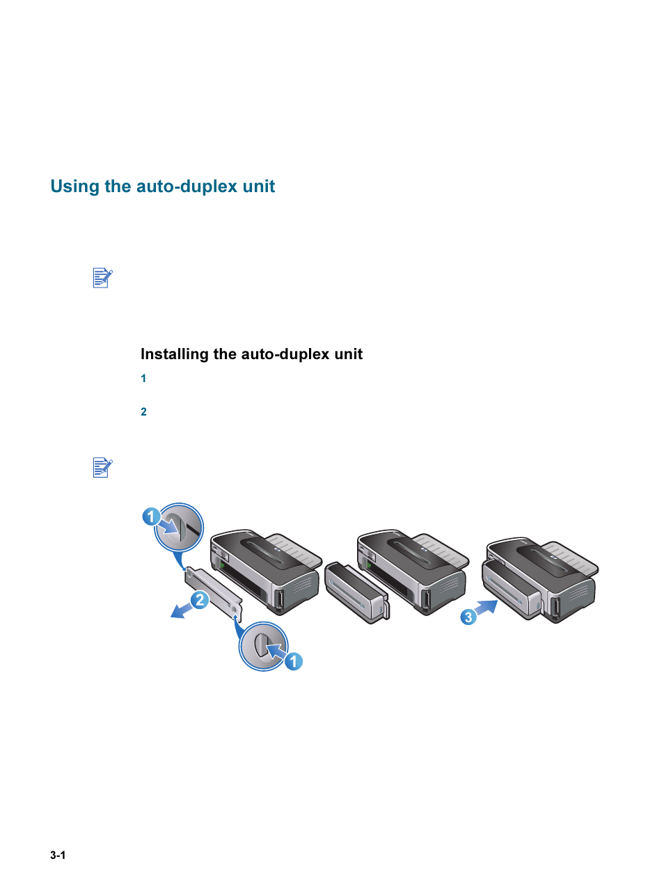 Using print cartridges and accessories, Using the auto-duplex unit, Installing the auto-duplex unit | Using the auto-duplex unit -1, Installing the auto-duplex unit -1 | HP 9600 Series User Manual | Page 25 / 123