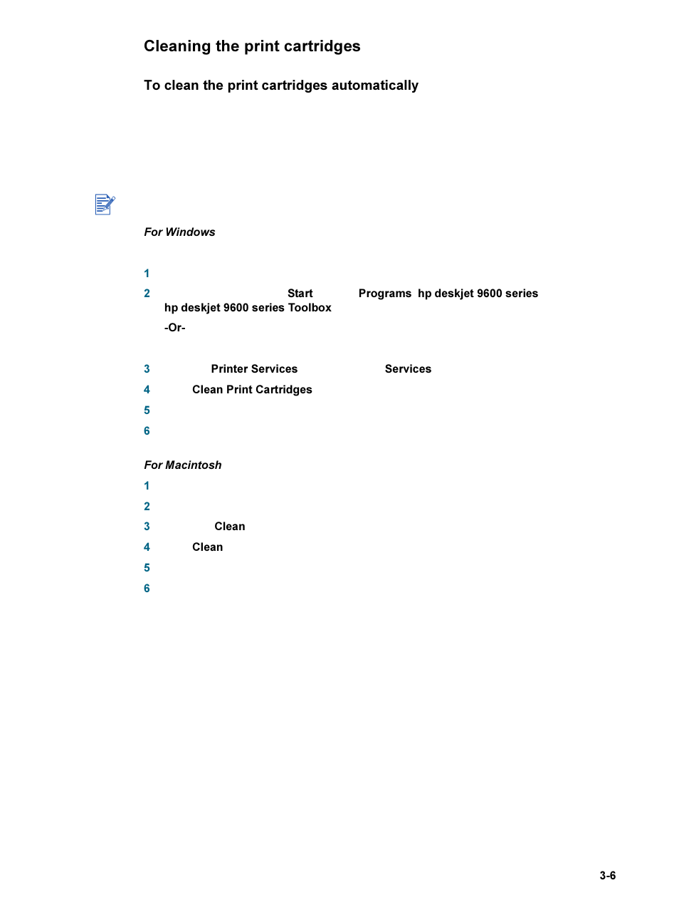 Cleaning the print cartridges, To clean the print cartridges automatically, Cleaning the print cartridges -6 | To clean the print cartridges automatically -6 | HP 9600 Series User Manual | Page 30 / 123