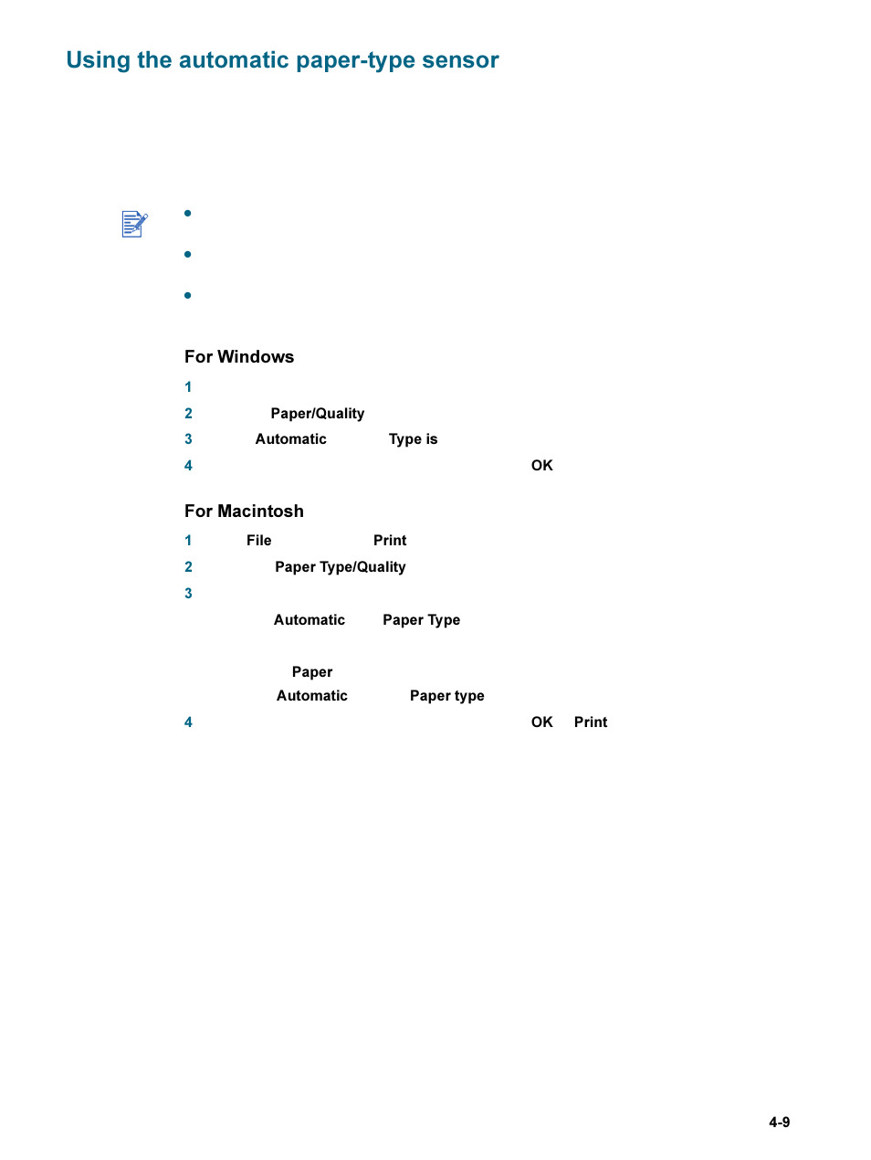 Using the automatic paper-type sensor, Using the automatic paper-type sensor -9, For windows | For macintosh | HP 9600 Series User Manual | Page 42 / 123