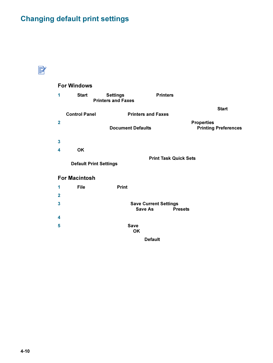 Changing default print settings, Changing default print settings -10, Changing | Default print settings, For windows, For macintosh | HP 9600 Series User Manual | Page 43 / 123