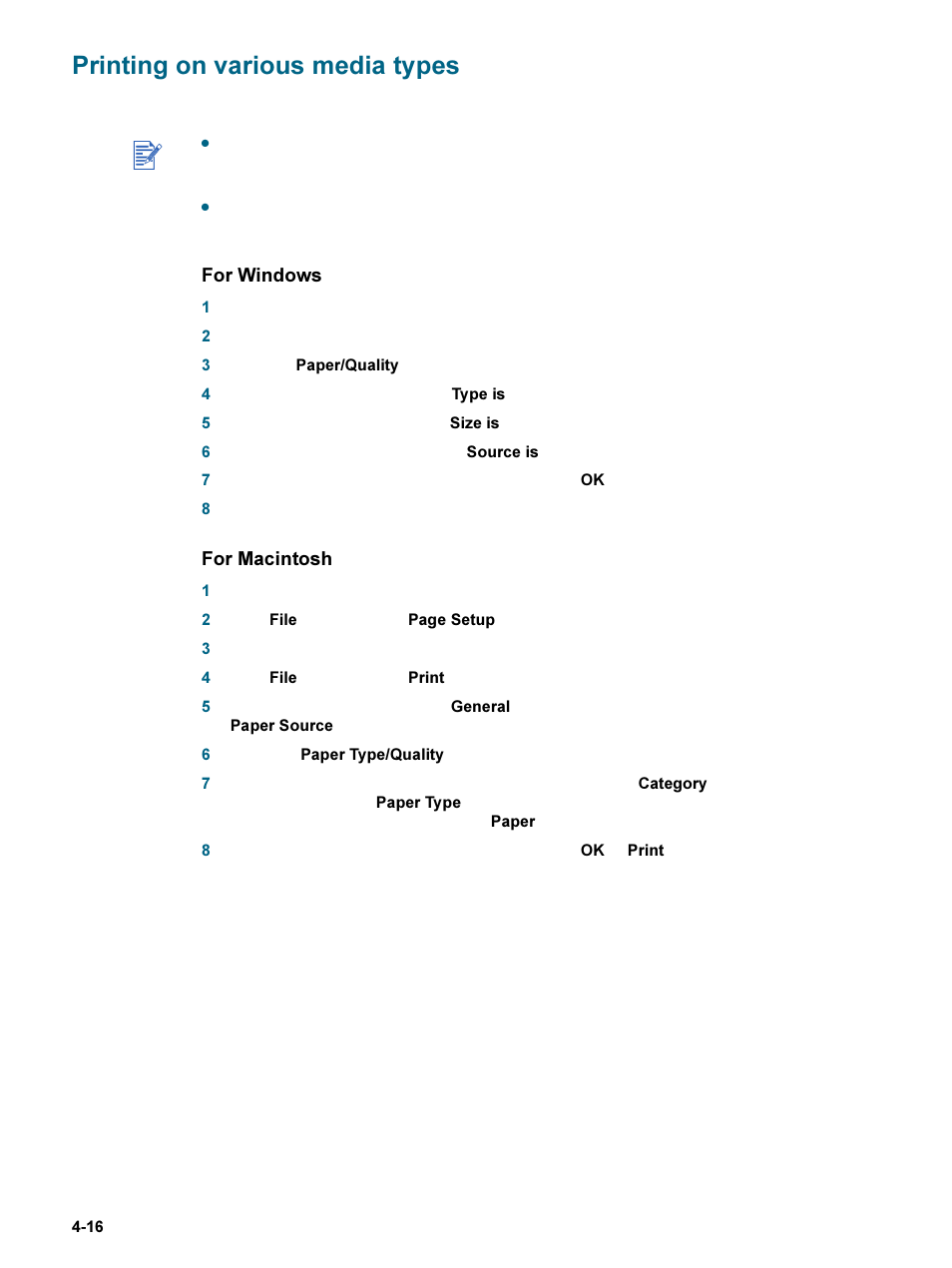 Printing on various media types, Printing on various media types -16, For windows | For macintosh | HP 9600 Series User Manual | Page 49 / 123