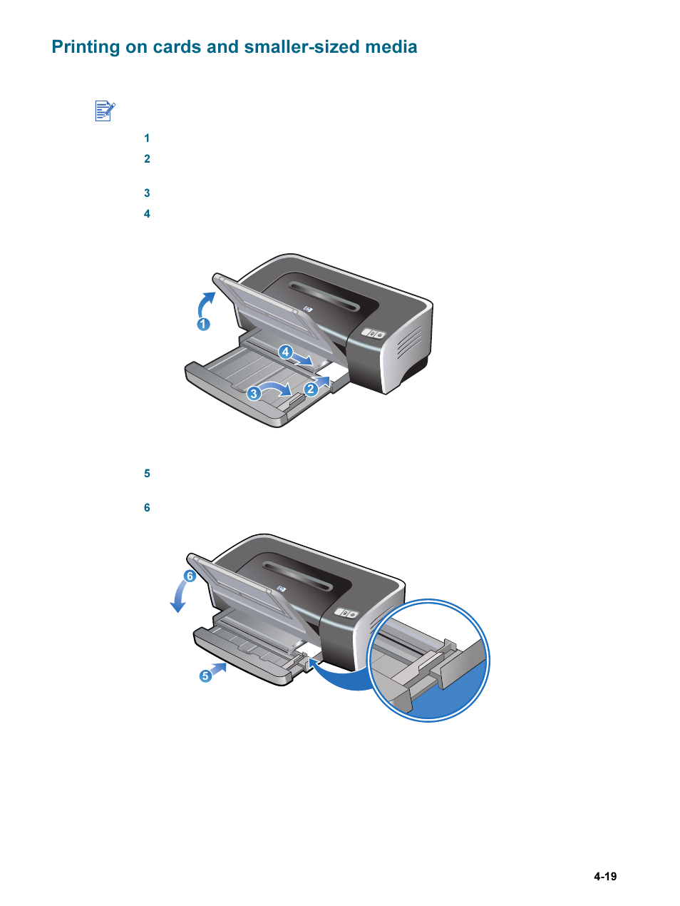 Printing on cards and smaller-sized media, Printing on cards and smaller-sized media -19, Printing | On cards and smaller-sized media | HP 9600 Series User Manual | Page 52 / 123