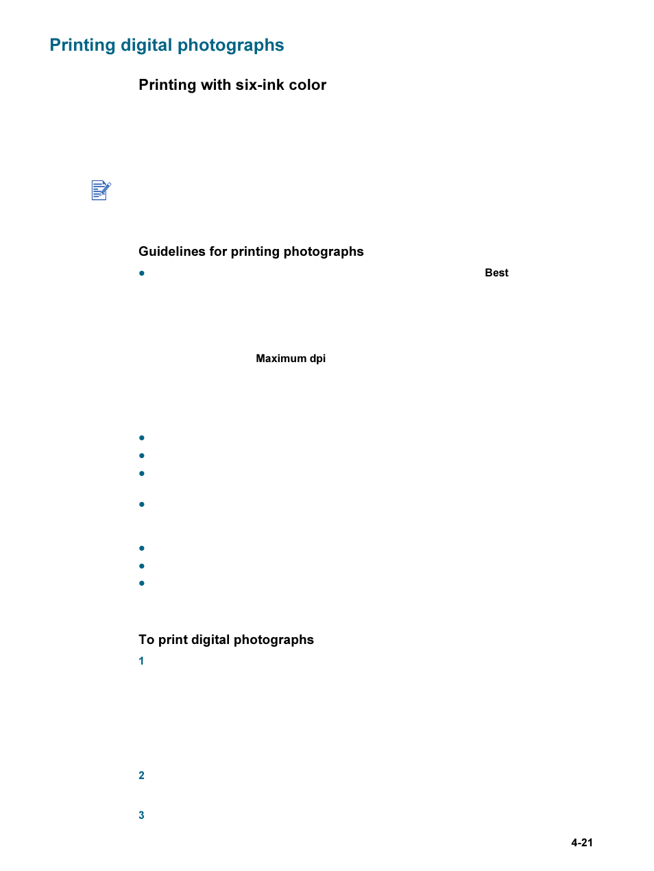 Printing digital photographs, Printing with six-ink color, Guidelines for printing photographs | Printing digital photographs -21, Printing with six-ink color -21, Guidelines for printing photographs -21 | HP 9600 Series User Manual | Page 54 / 123