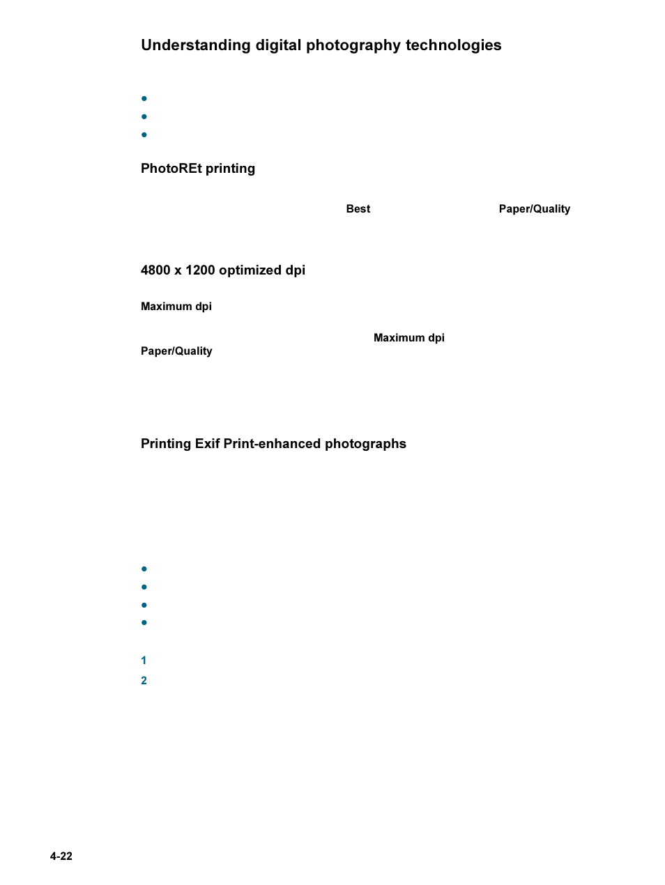 Understanding digital photography technologies, Photoret printing, 4800 x 1200 optimized dpi | Printing exif print-enhanced photographs, Understanding digital photography technologies -22 | HP 9600 Series User Manual | Page 55 / 123