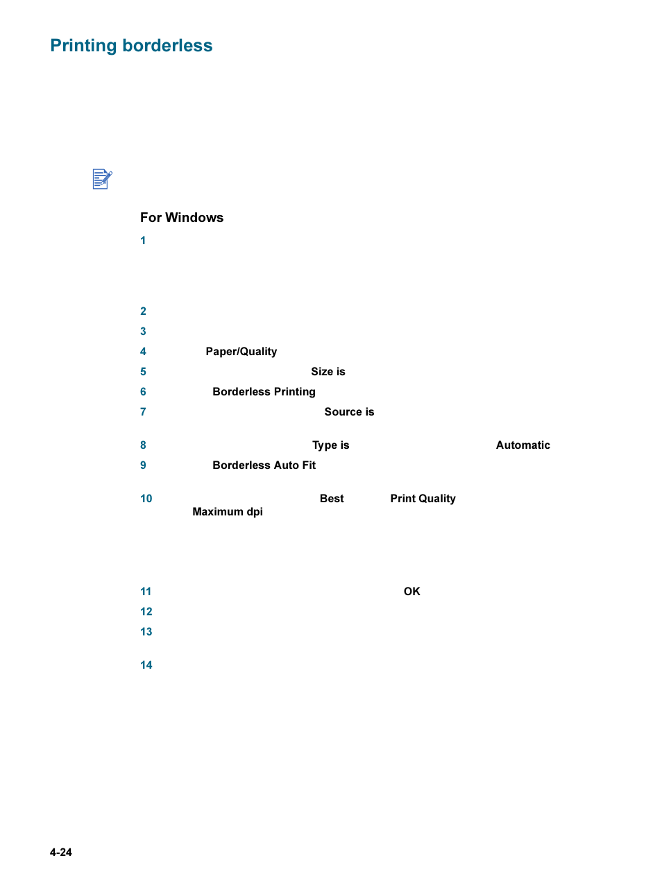 Printing borderless, Printing borderless -24, For windows | HP 9600 Series User Manual | Page 57 / 123