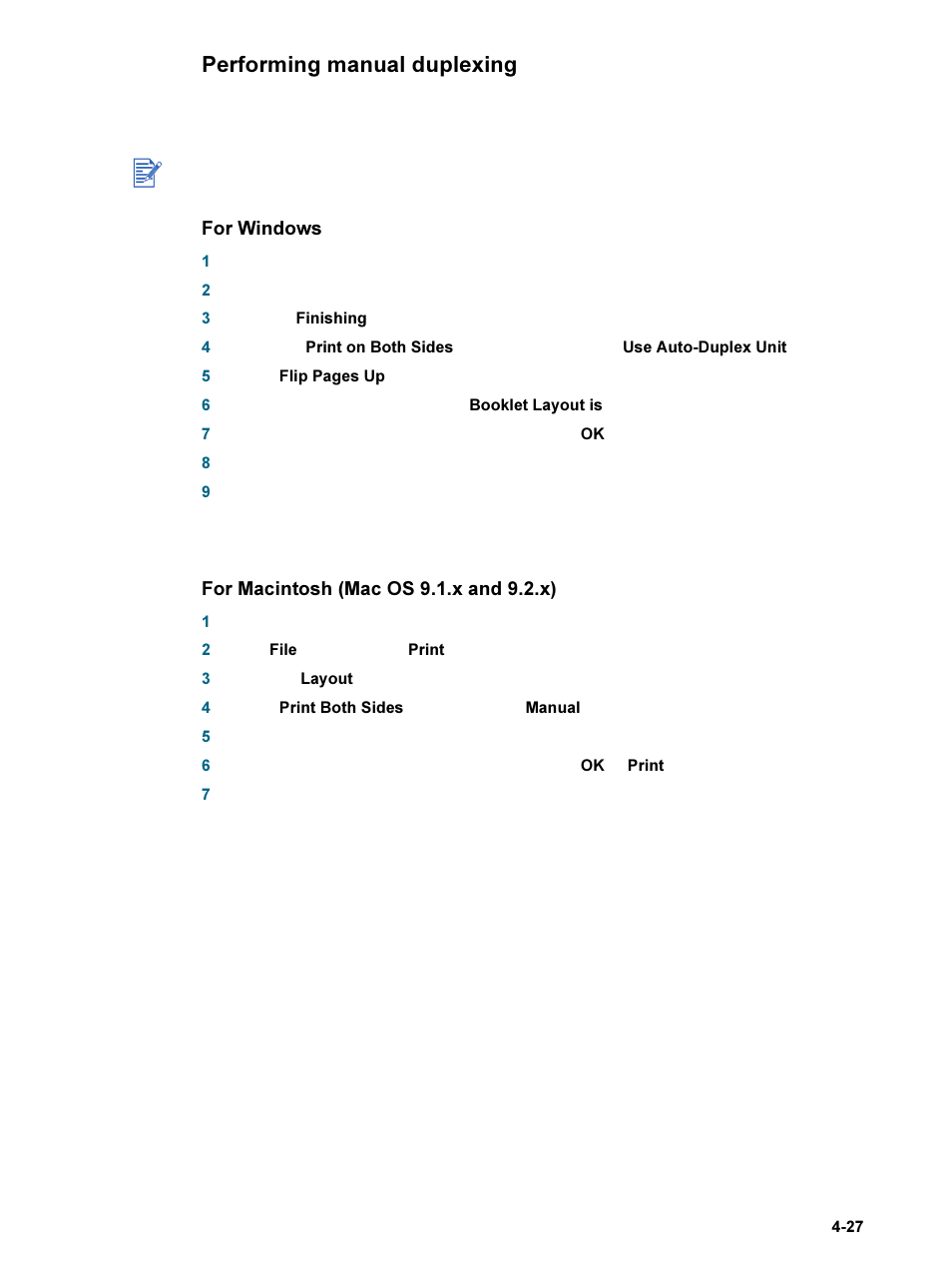 Performing manual duplexing, Performing manual duplexing -27, For windows | For macintosh (mac os 9.1.x and 9.2.x) | HP 9600 Series User Manual | Page 60 / 123