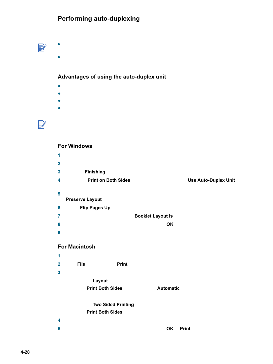 Performing auto-duplexing, Advantages of using the auto-duplex unit, Performing auto-duplexing -28 | Advantages of using the auto-duplex unit -28, For windows, For macintosh | HP 9600 Series User Manual | Page 61 / 123