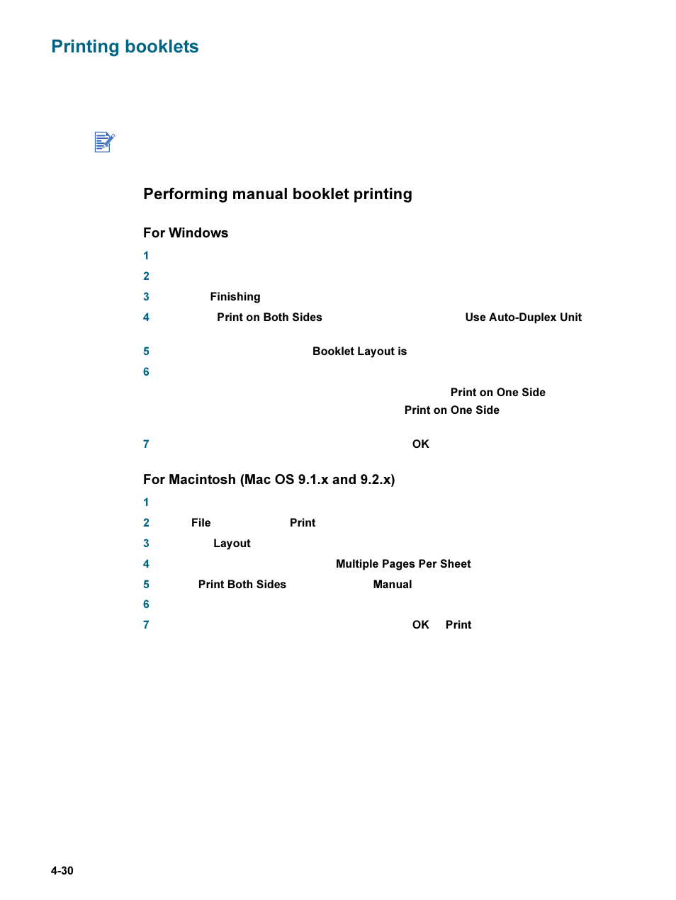 Printing booklets, Performing manual booklet printing, Printing booklets -30 | Performing manual booklet printing -30, For windows, For macintosh (mac os 9.1.x and 9.2.x) | HP 9600 Series User Manual | Page 63 / 123