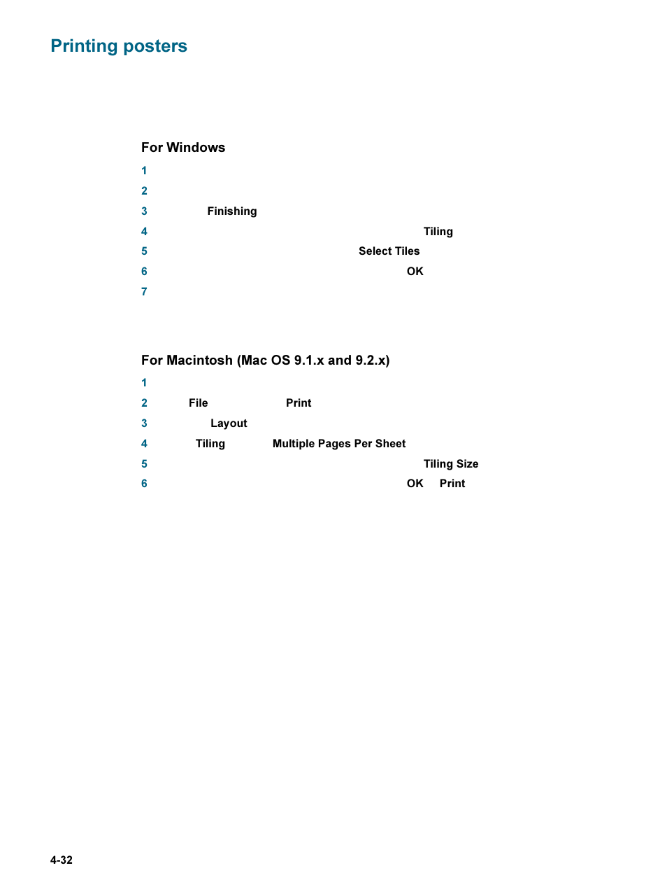 Printing posters, Printing posters -32, For windows | For macintosh (mac os 9.1.x and 9.2.x) | HP 9600 Series User Manual | Page 65 / 123