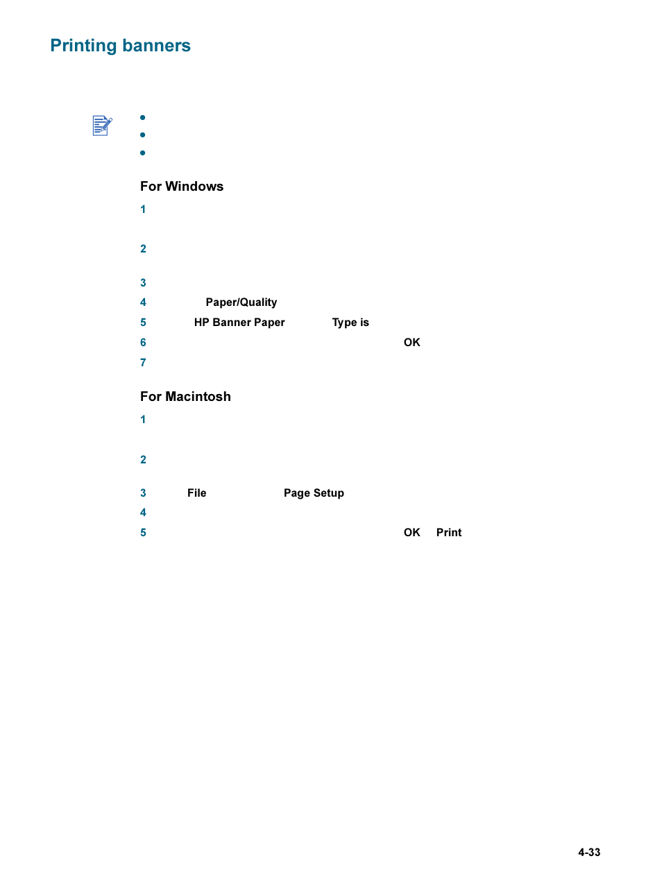 Printing banners, Printing banners -33, For windows | For macintosh | HP 9600 Series User Manual | Page 66 / 123