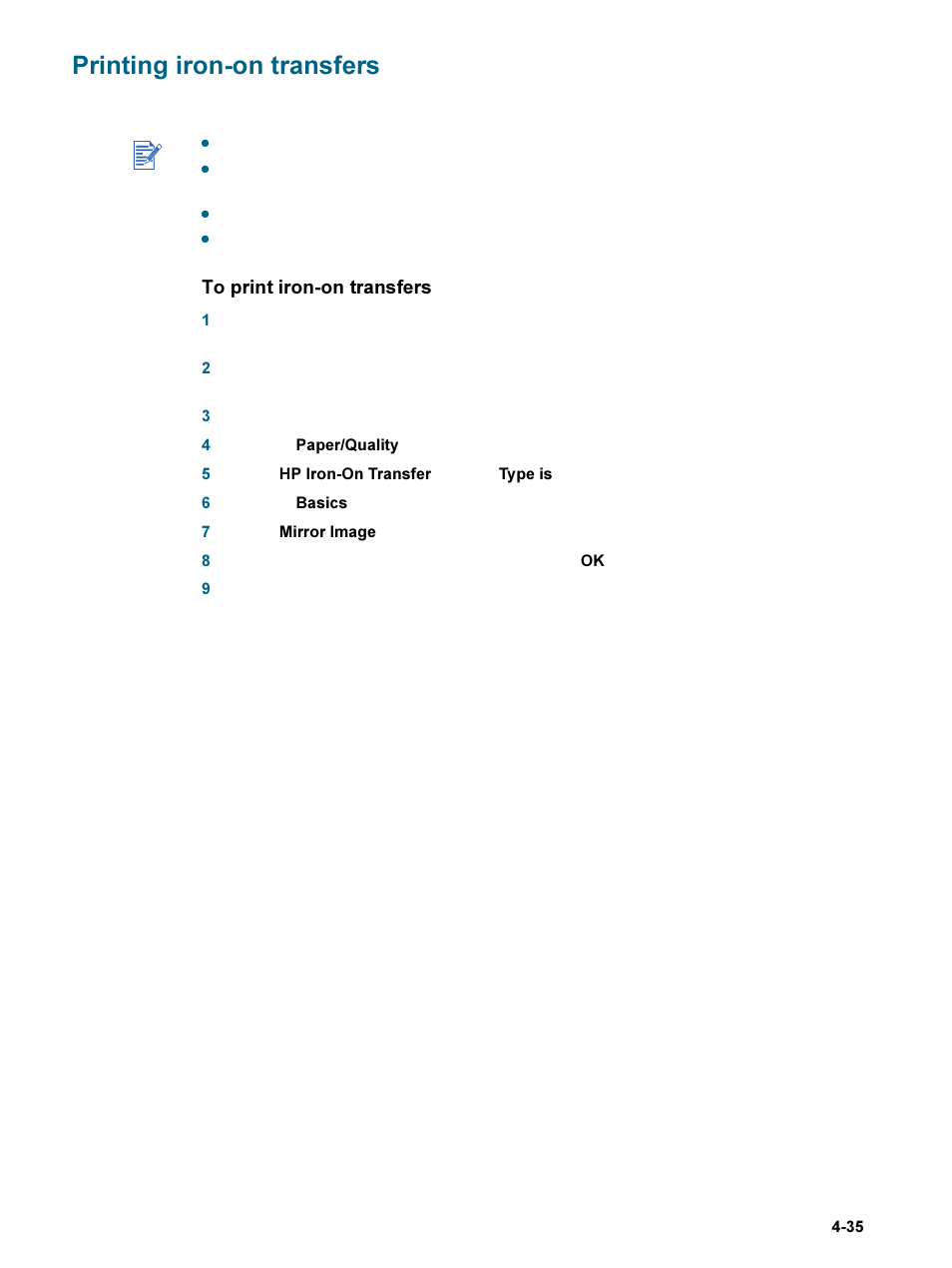 Printing iron-on transfers, Printing iron-on transfers -35 | HP 9600 Series User Manual | Page 68 / 123