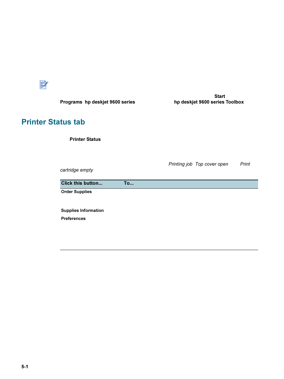 Using the toolbox, Printer status tab, Printer status tab -1 | HP 9600 Series User Manual | Page 71 / 123