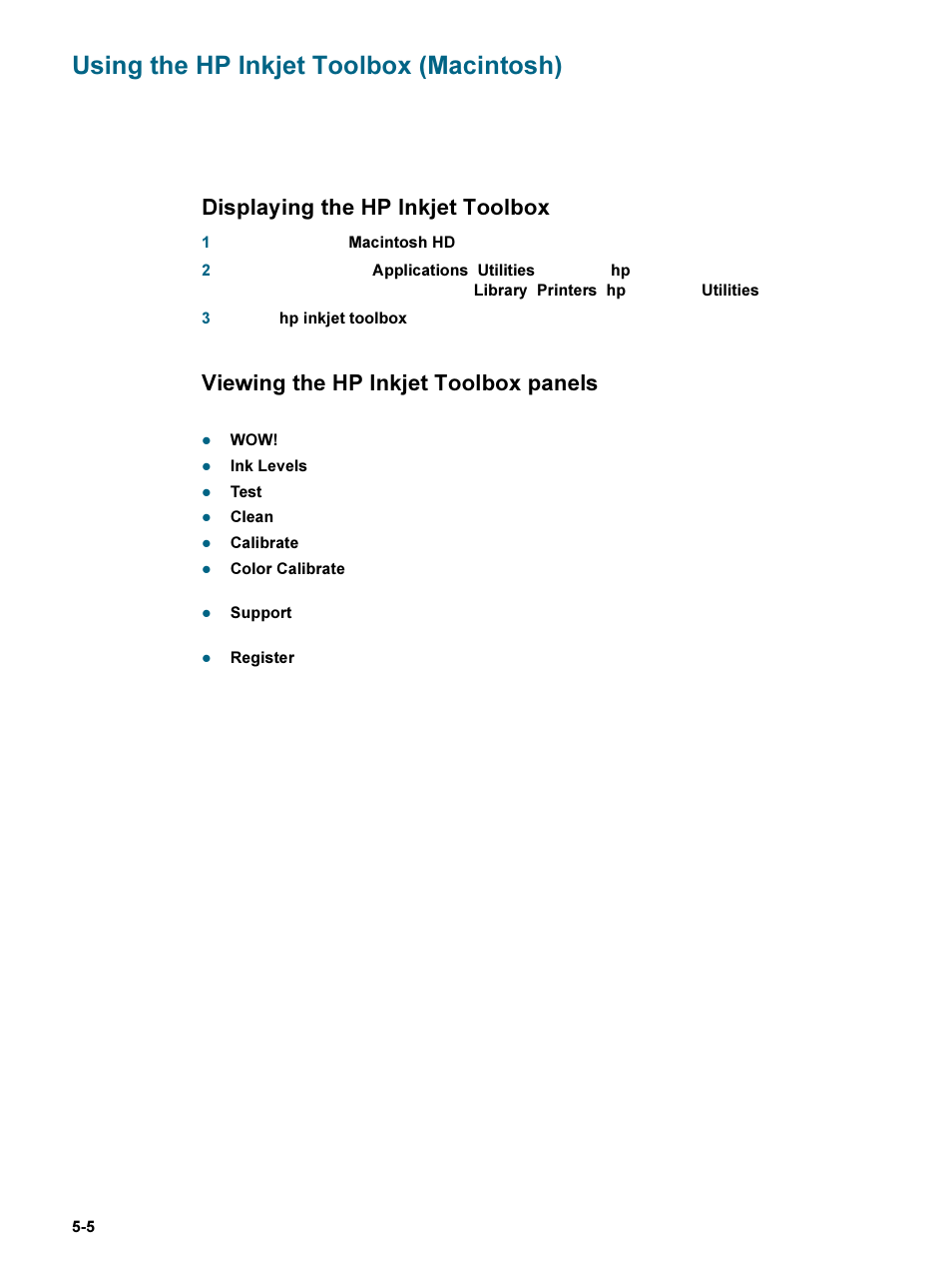 Using the hp inkjet toolbox (macintosh), Using the hp inkjet toolbox (macintosh) -5, Using the hp inkjet toolbox | Macintosh), Displaying the hp inkjet toolbox, Viewing the hp inkjet toolbox panels | HP 9600 Series User Manual | Page 75 / 123