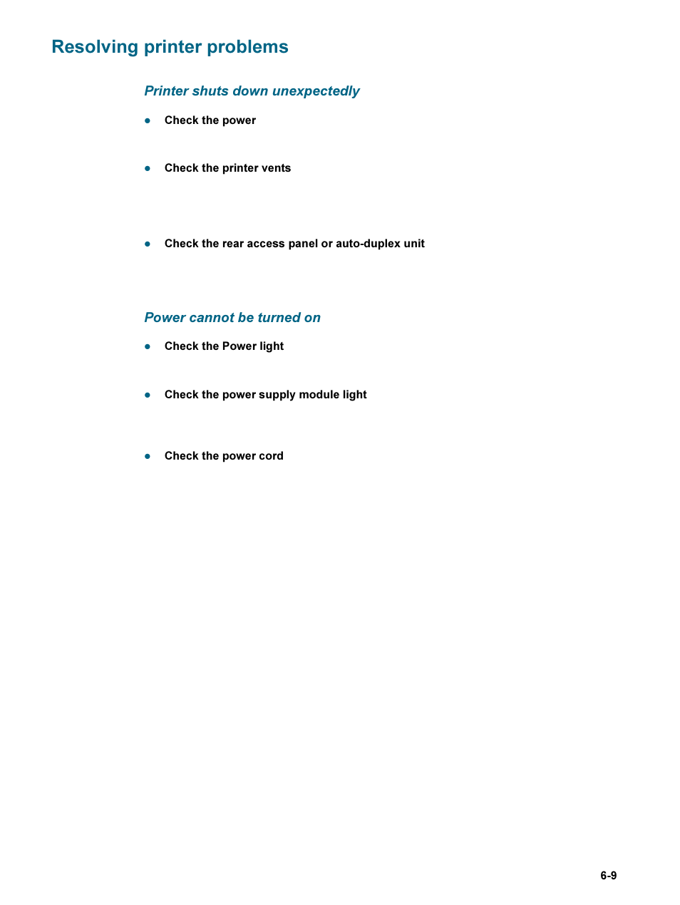 Resolving printer problems, Printer shuts down unexpectedly, Power cannot be turned on | Resolving printer problems -9 | HP 9600 Series User Manual | Page 84 / 123