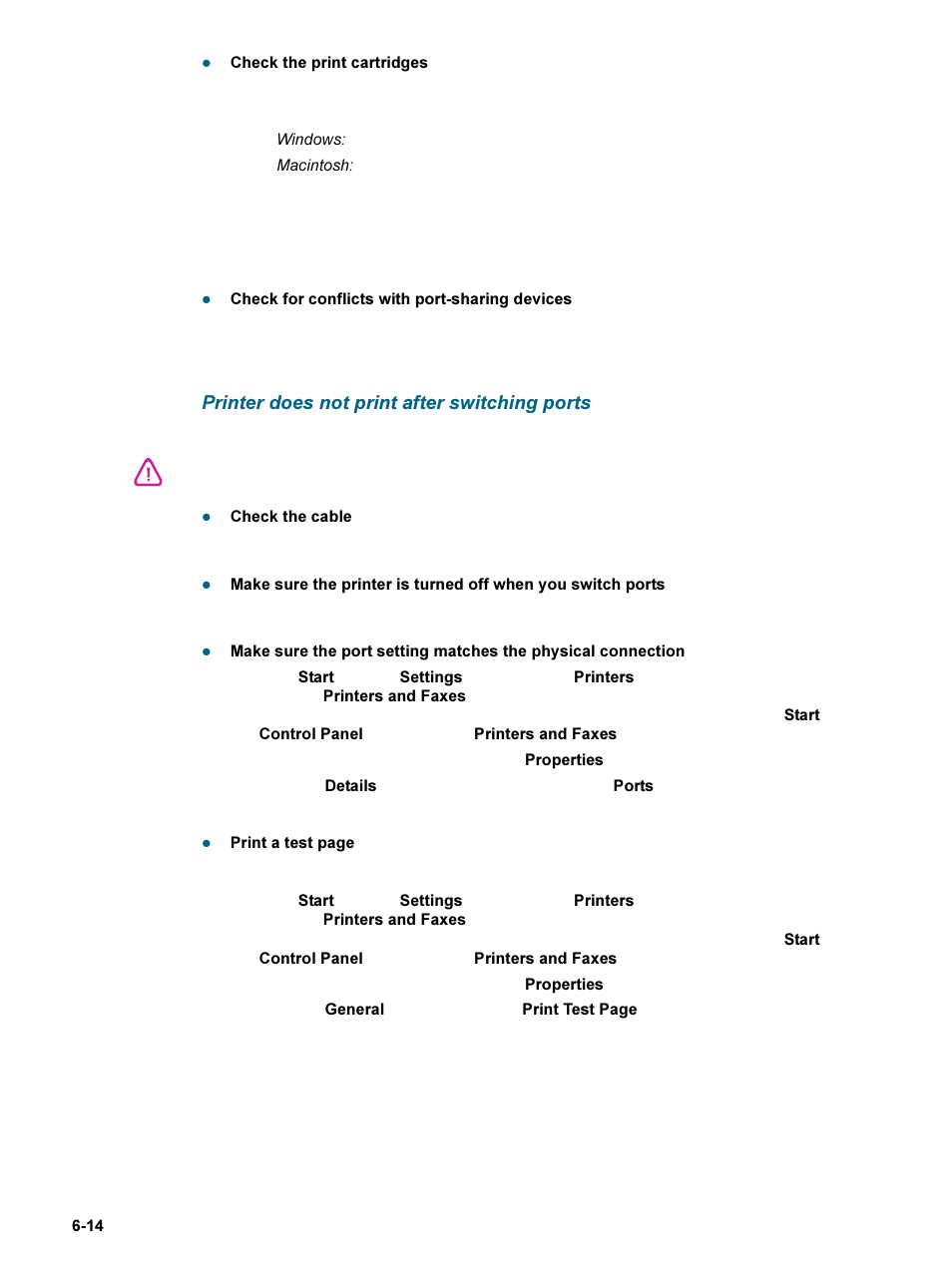 Printer does not print after switching ports, Printer does not print after switching ports -14 | HP 9600 Series User Manual | Page 89 / 123