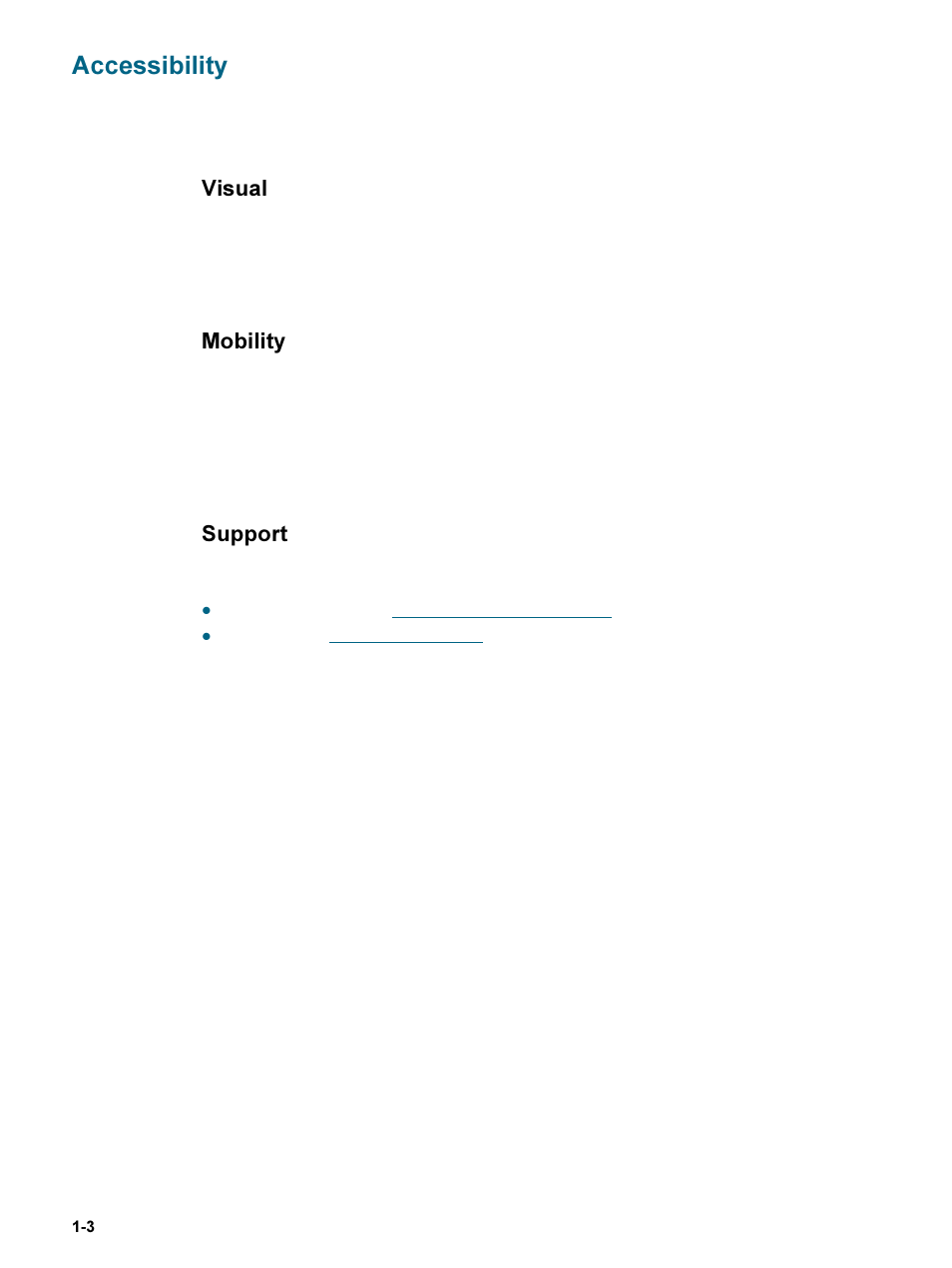 Accessibility, Visual, Mobility | Support, Accessibility -3, Visual -3 mobility -3 support -3 | HP 9600 Series User Manual | Page 9 / 123