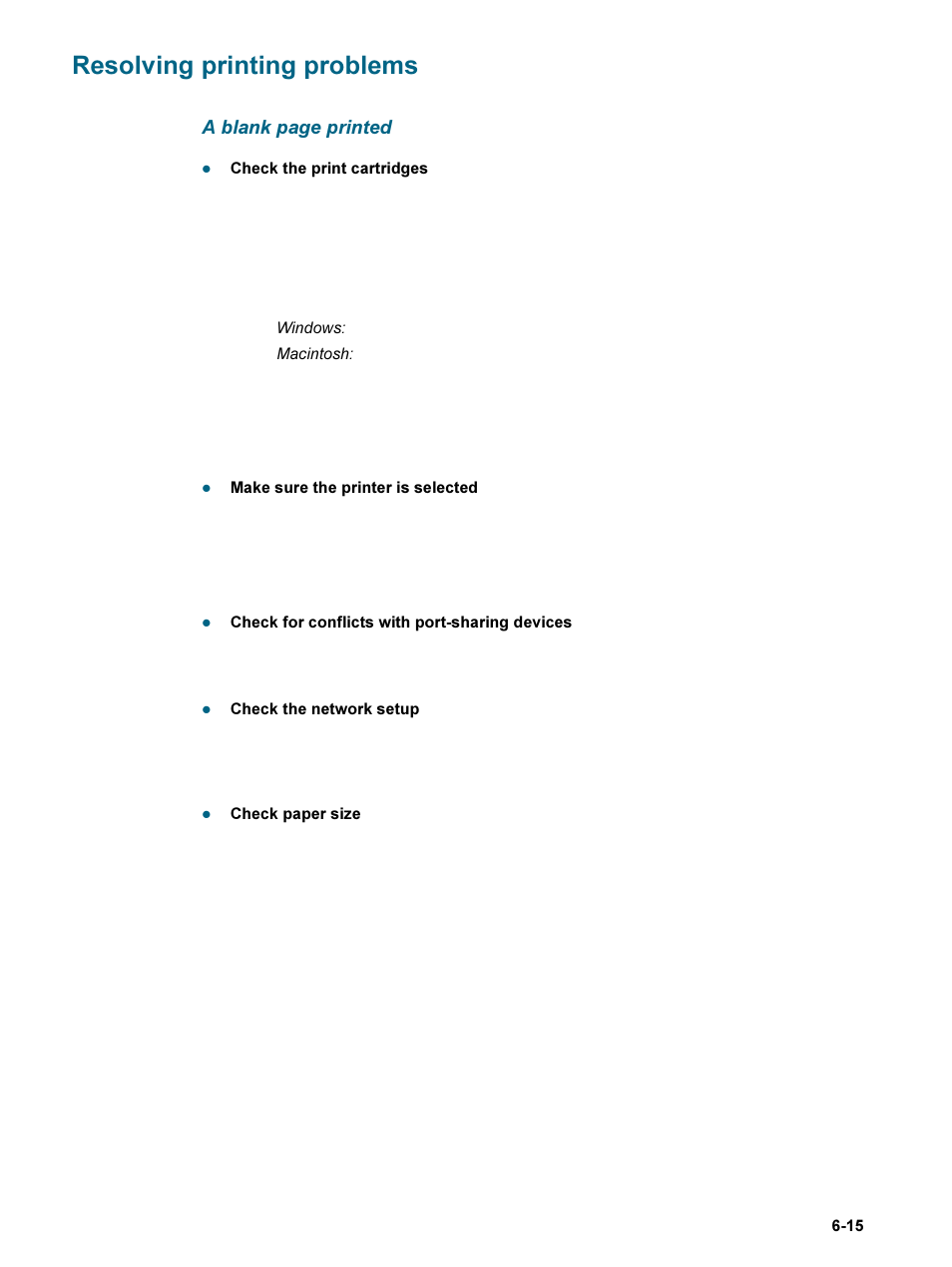 Resolving printing problems, Resolving printing problems -15, A blank page printed | HP 9600 Series User Manual | Page 90 / 123