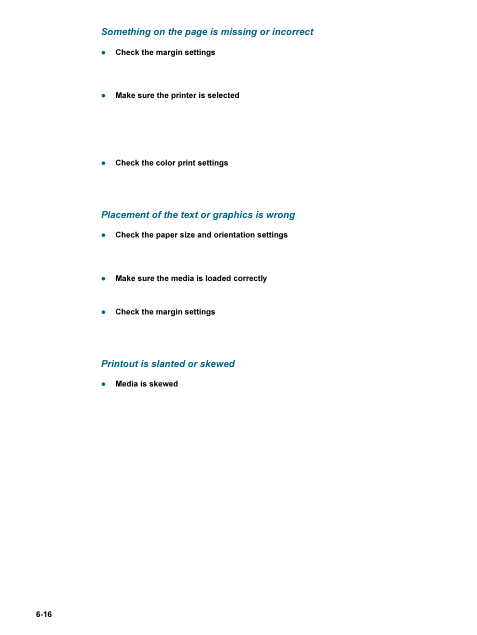 Placement of the text or graphics is wrong, Printout is slanted or skewed, Something on the page is missing or incorrect | HP 9600 Series User Manual | Page 91 / 123