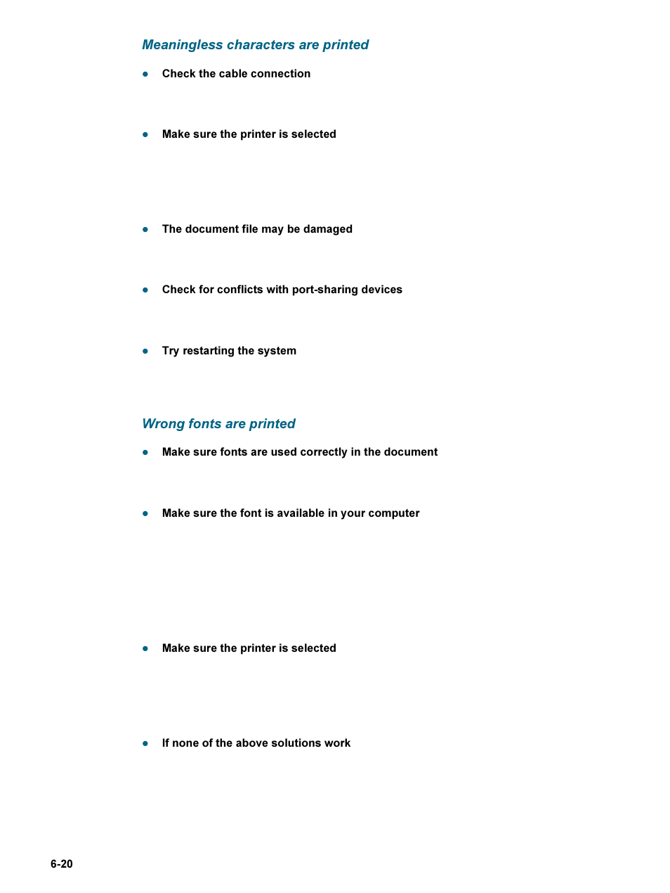 Meaningless characters are printed, Wrong fonts are printed | HP 9600 Series User Manual | Page 95 / 123