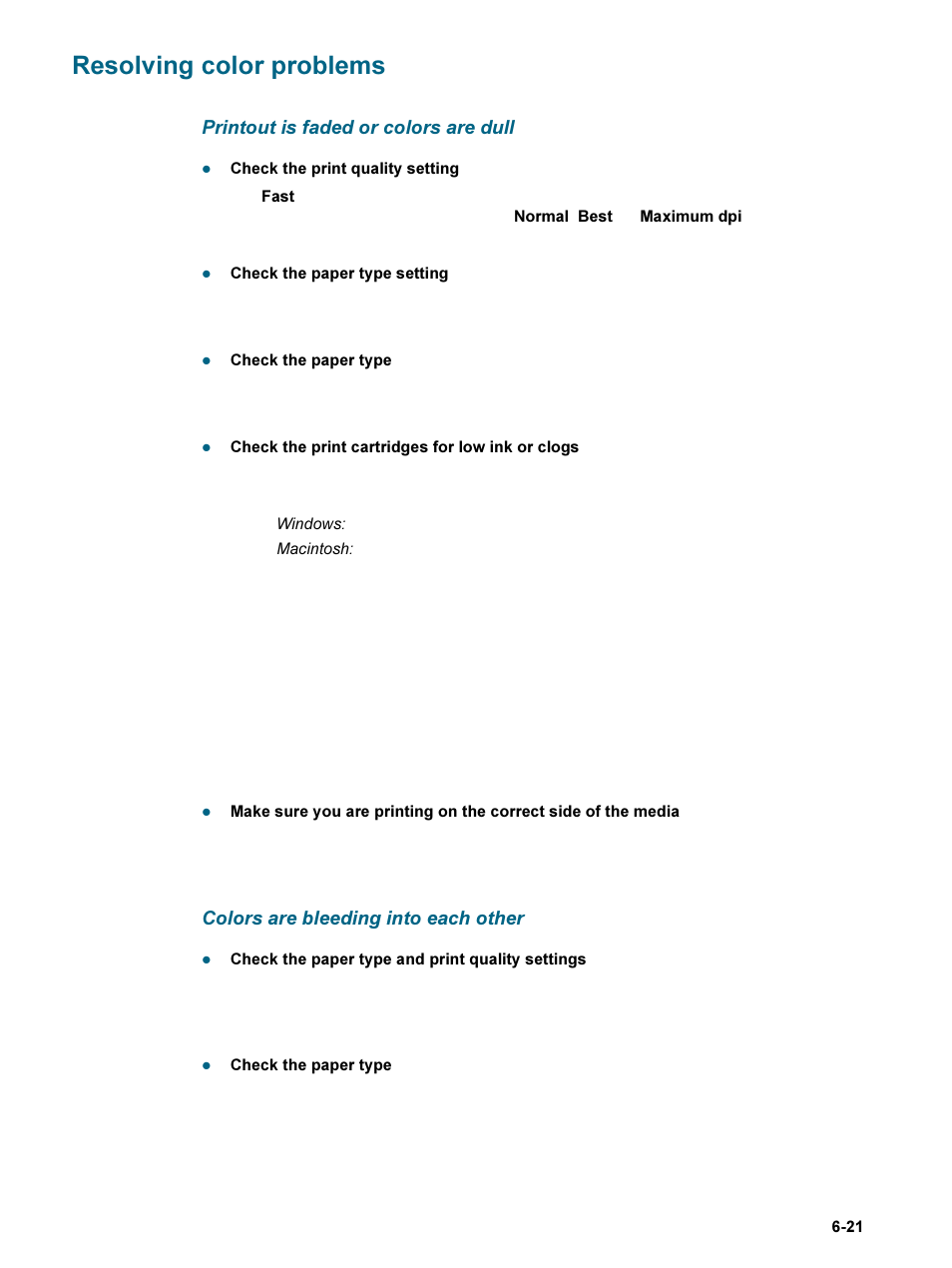 Resolving color problems, Printout is faded or colors are dull, Colors are bleeding into each other | Resolving color problems -21 | HP 9600 Series User Manual | Page 96 / 123