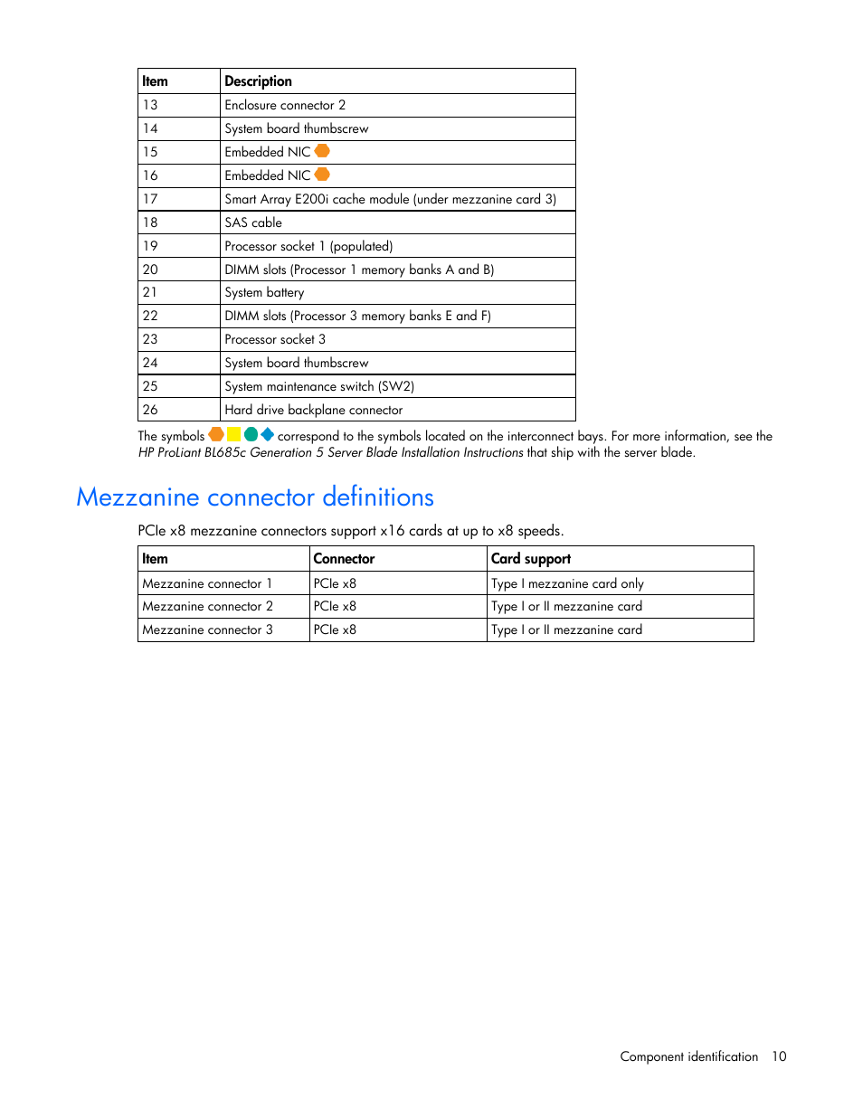 Mezzanine connector definitions | HP BL685C User Manual | Page 10 / 99