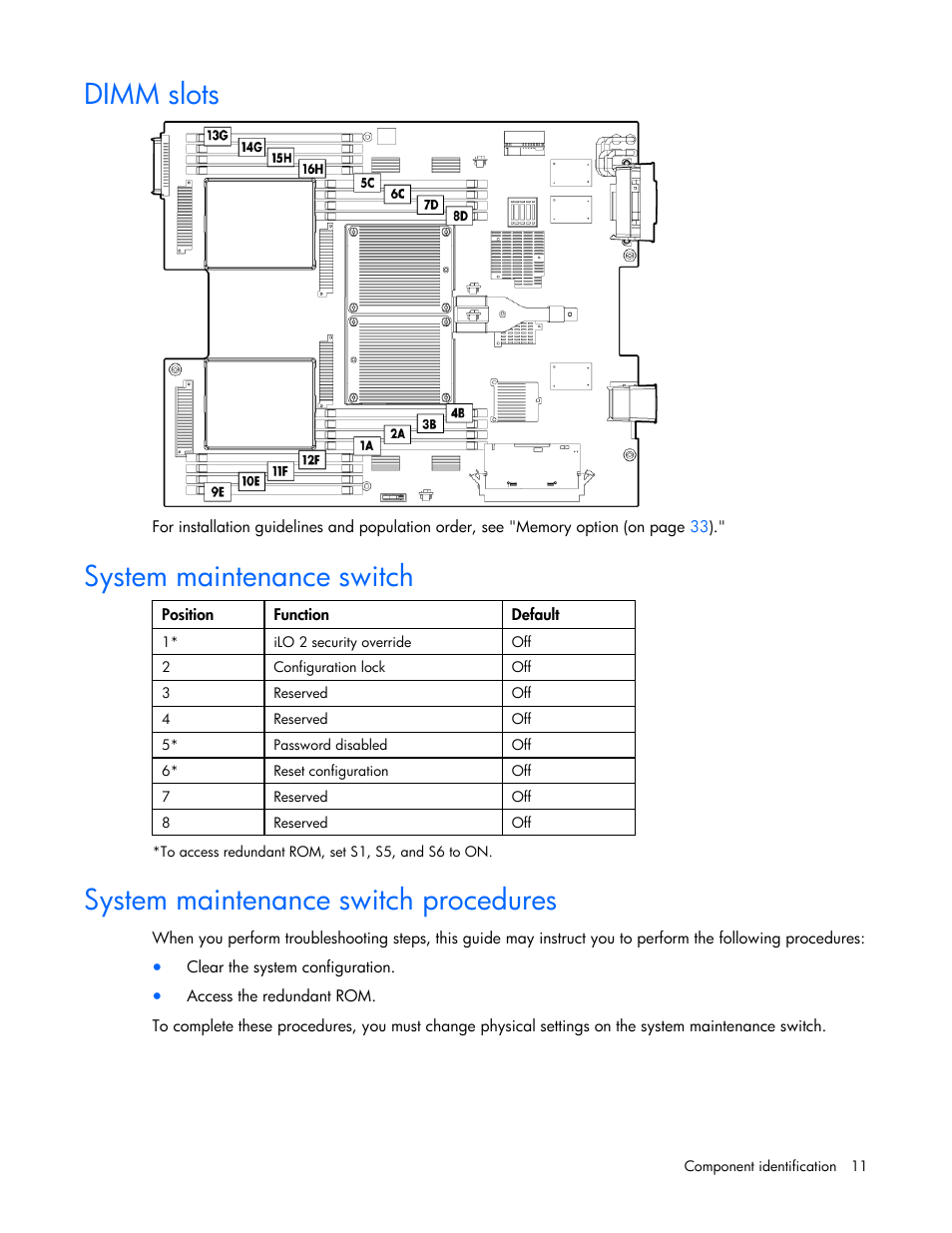 Dimm slots, System maintenance switch, System maintenance switch procedures | HP BL685C User Manual | Page 11 / 99