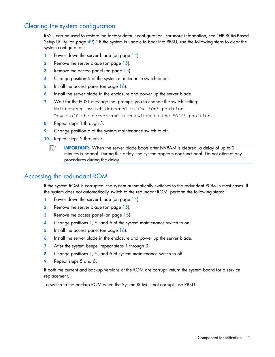 Clearing the system configuration, Accessing the redundant rom | HP BL685C User Manual | Page 12 / 99