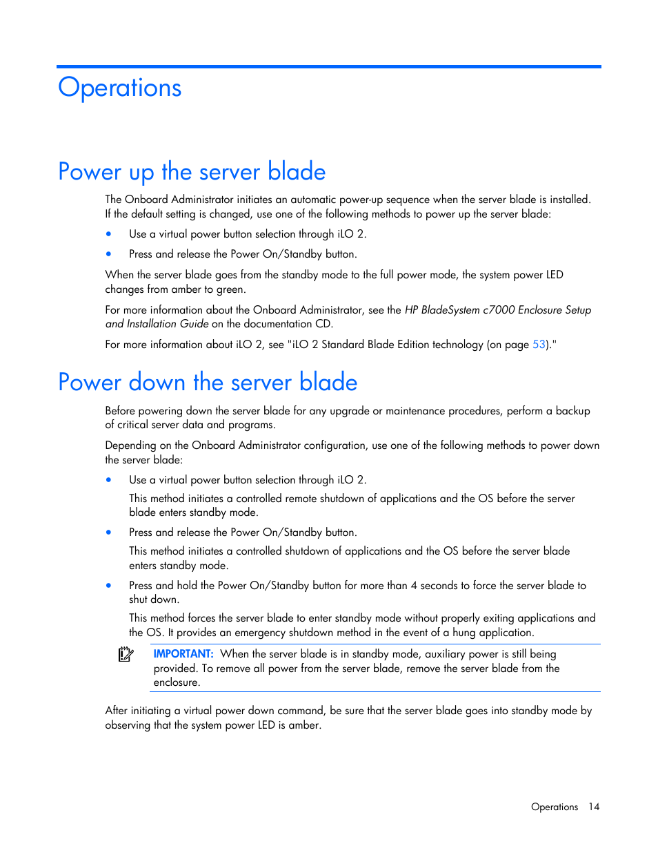Operations, Power up the server blade, Power down the server blade | HP BL685C User Manual | Page 14 / 99