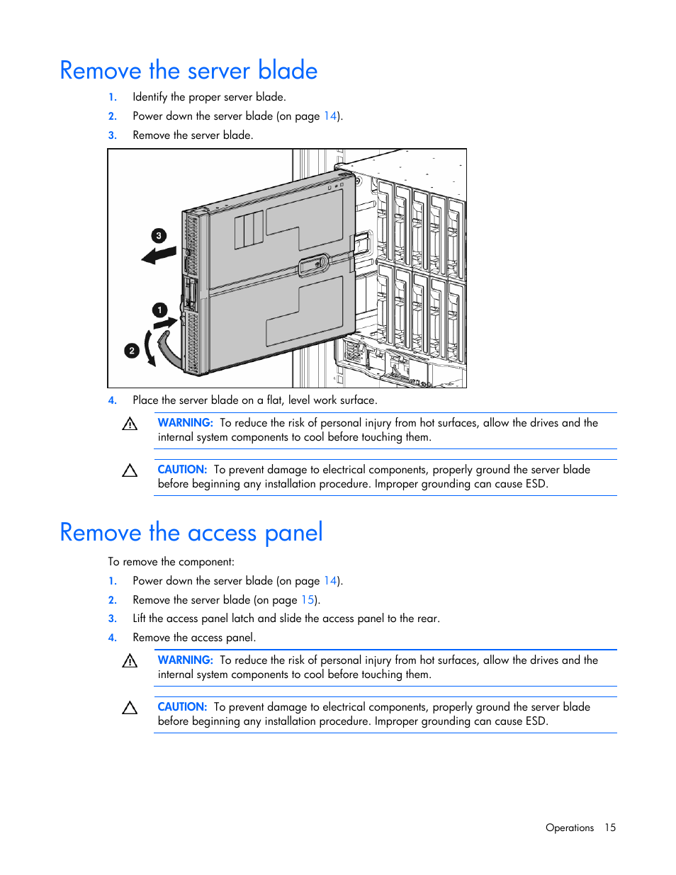 Remove the server blade, Remove the access panel | HP BL685C User Manual | Page 15 / 99