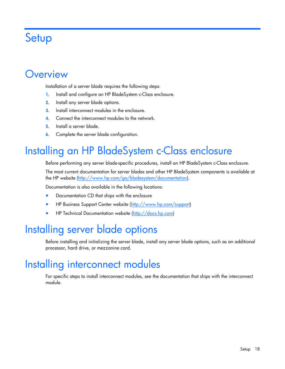 Setup, Overview, Installing an hp bladesystem c-class enclosure | Installing server blade options, Installing interconnect modules | HP BL685C User Manual | Page 18 / 99