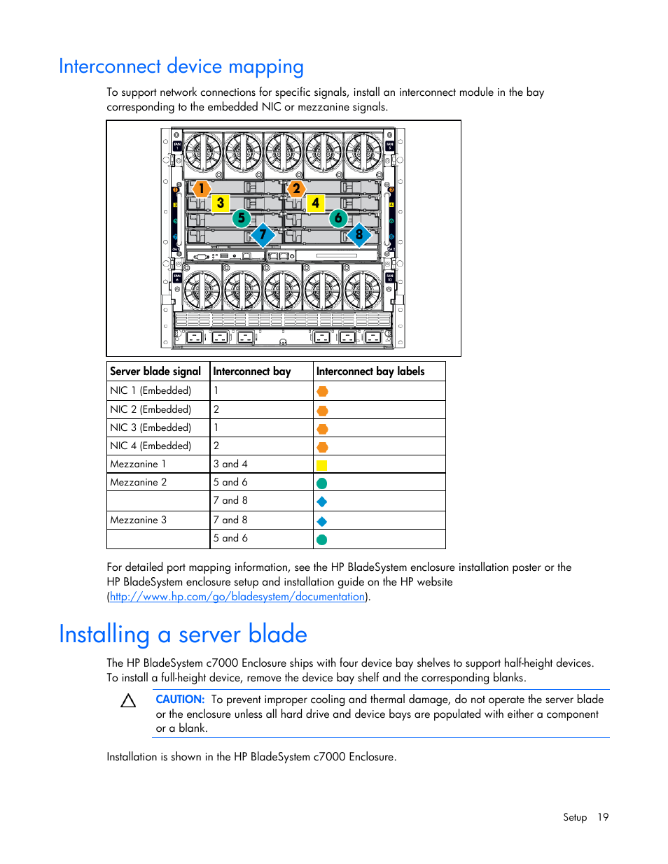 Interconnect device mapping, Installing a server blade, Er blade | On p | HP BL685C User Manual | Page 19 / 99