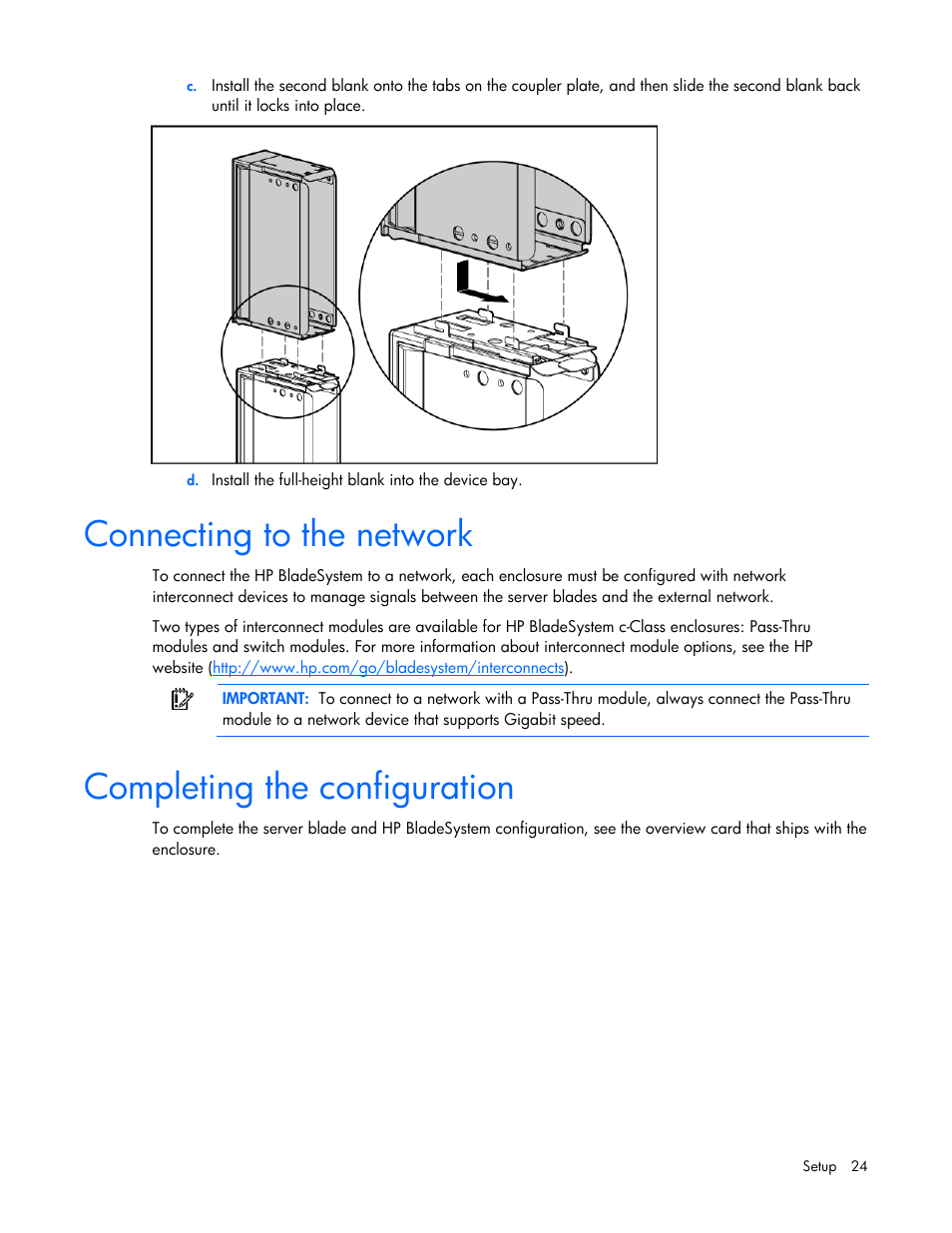 Connecting to the network, Completing the configuration | HP BL685C User Manual | Page 24 / 99