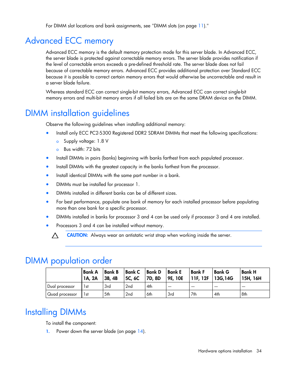 Advanced ecc memory, Dimm installation guidelines, Dimm population order | Installing dimms | HP BL685C User Manual | Page 34 / 99