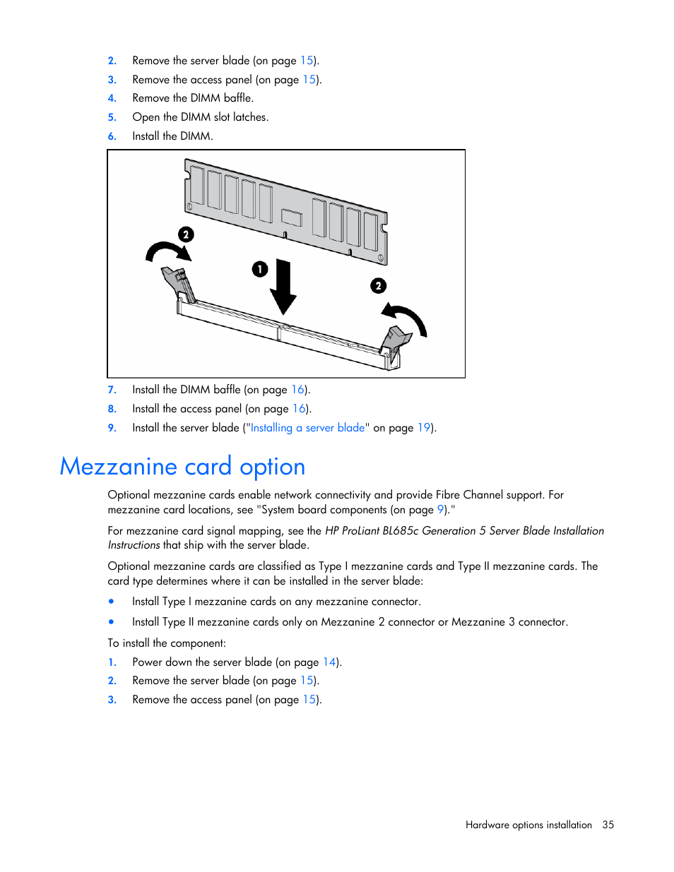 Mezzanine card option | HP BL685C User Manual | Page 35 / 99