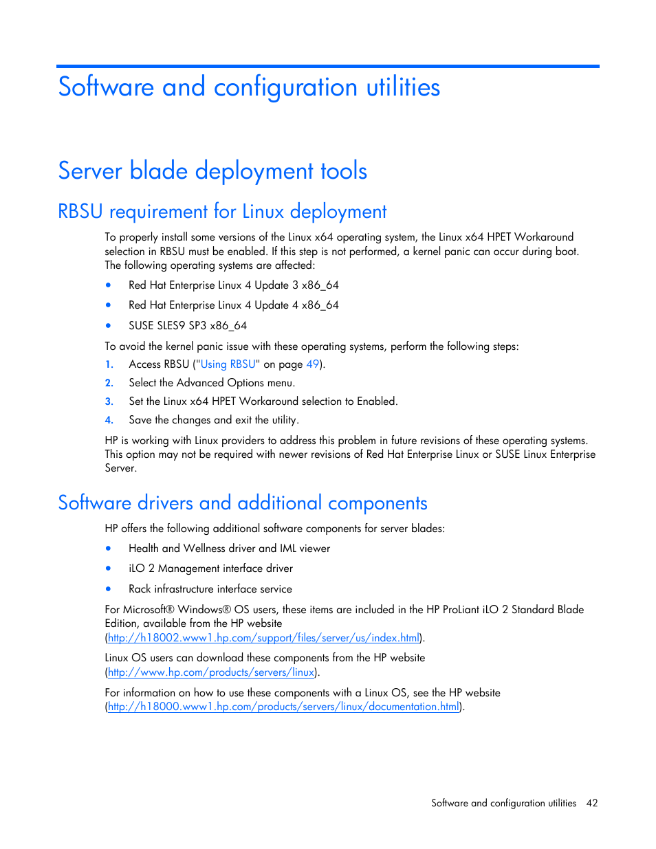 Software and configuration utilities, Server blade deployment tools, Rbsu requirement for linux deployment | Software drivers and additional components | HP BL685C User Manual | Page 42 / 99