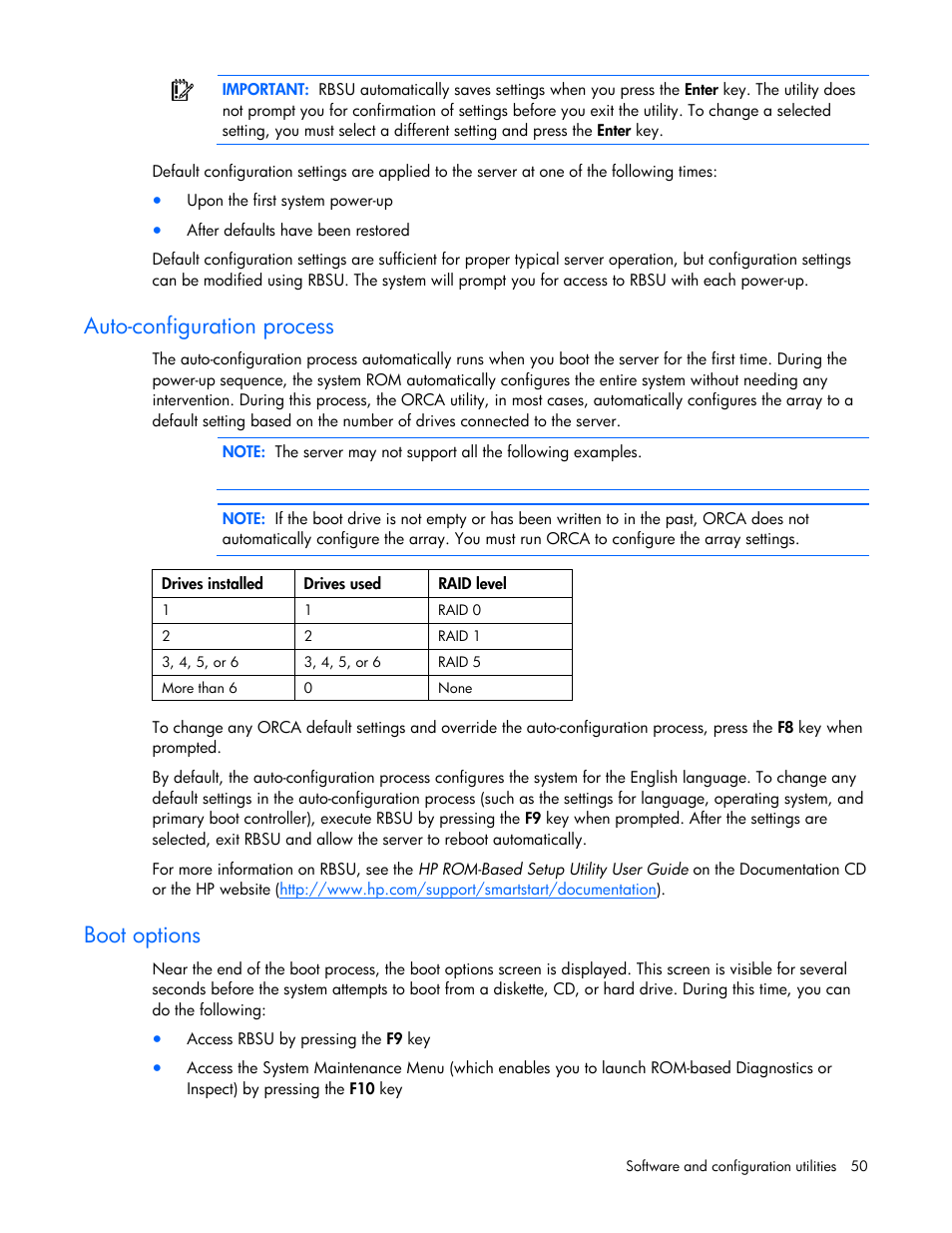 Auto-configuration process, Boot options | HP BL685C User Manual | Page 50 / 99