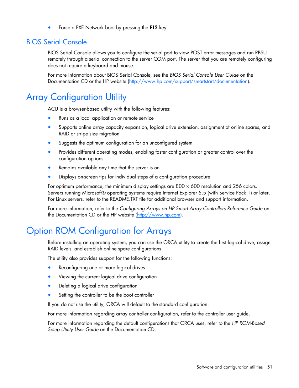 Bios serial console, Array configuration utility, Option rom configuration for arrays | HP BL685C User Manual | Page 51 / 99