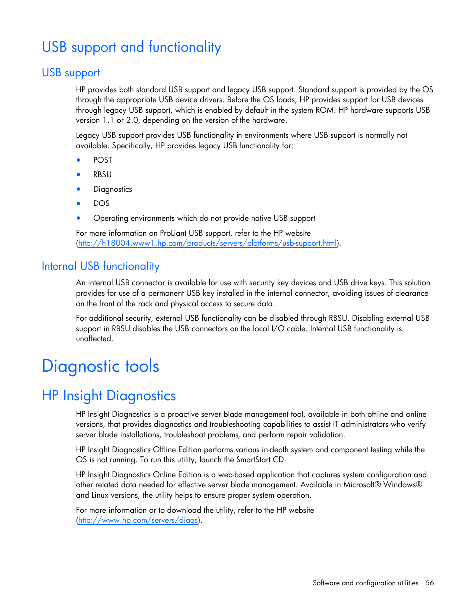 Usb support and functionality, Usb support, Internal usb functionality | Diagnostic tools, Hp insight diagnostics, S utility | HP BL685C User Manual | Page 56 / 99