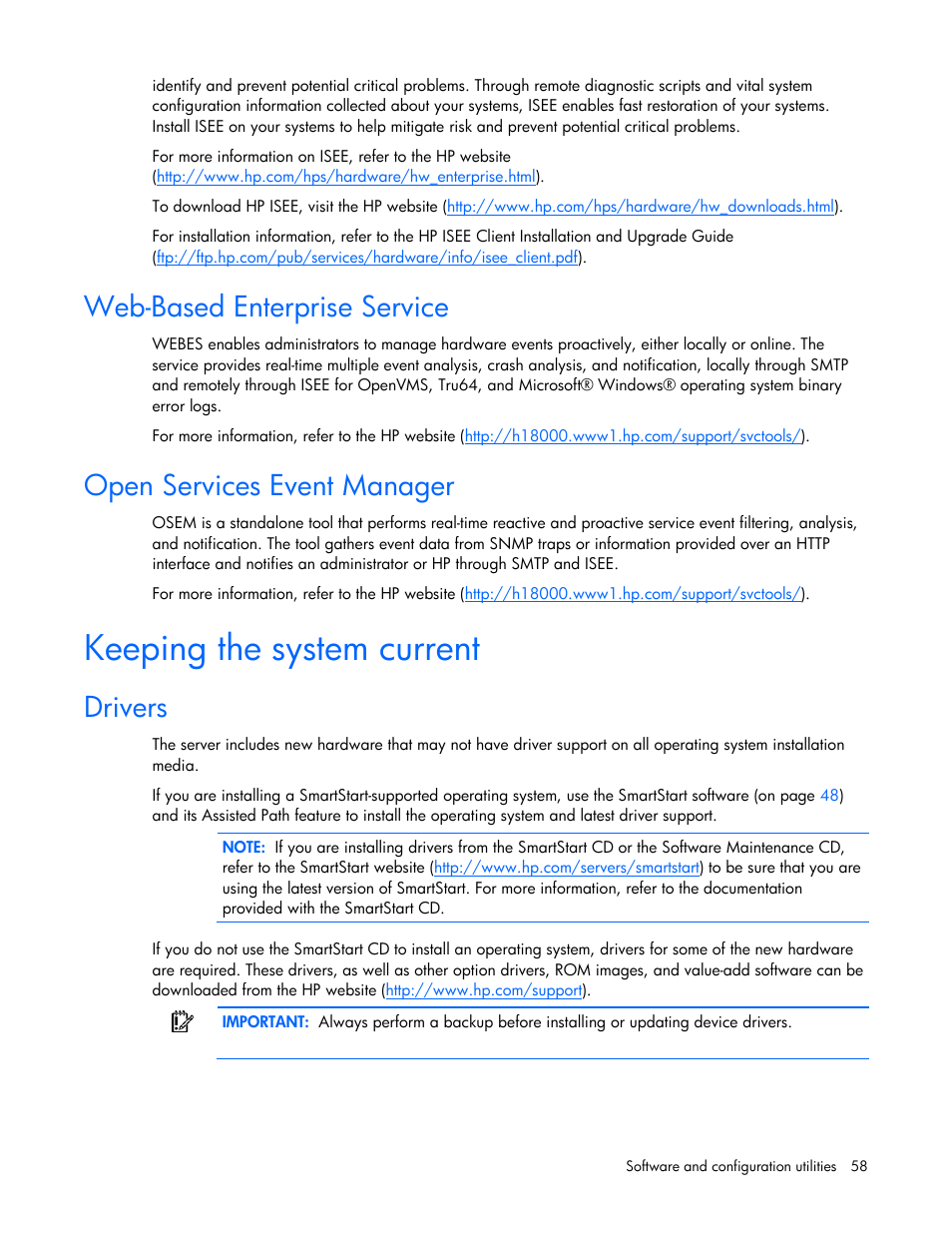 Web-based enterprise service, Open services event manager, Keeping the system current | Drivers | HP BL685C User Manual | Page 58 / 99