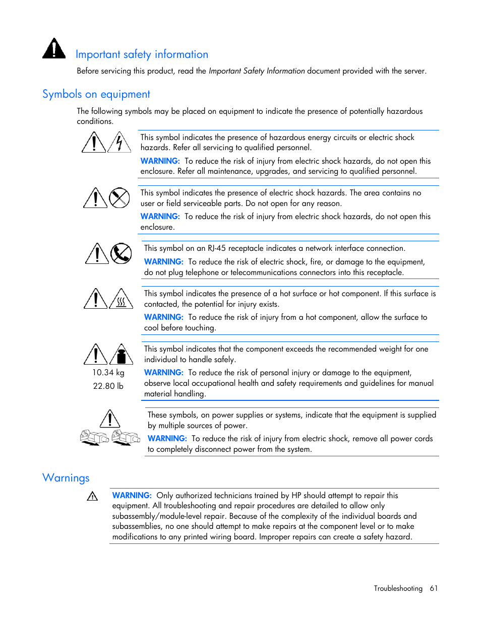 Symbols on equipment, Warnings, Important safety information | HP BL685C User Manual | Page 61 / 99