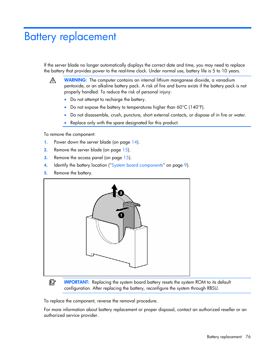 Battery replacement | HP BL685C User Manual | Page 76 / 99