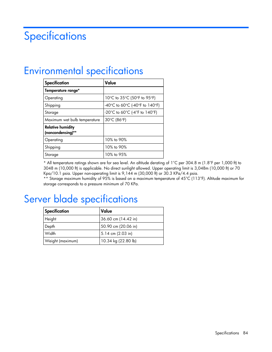 Specifications, Environmental specifications, Server blade specifications | HP BL685C User Manual | Page 84 / 99
